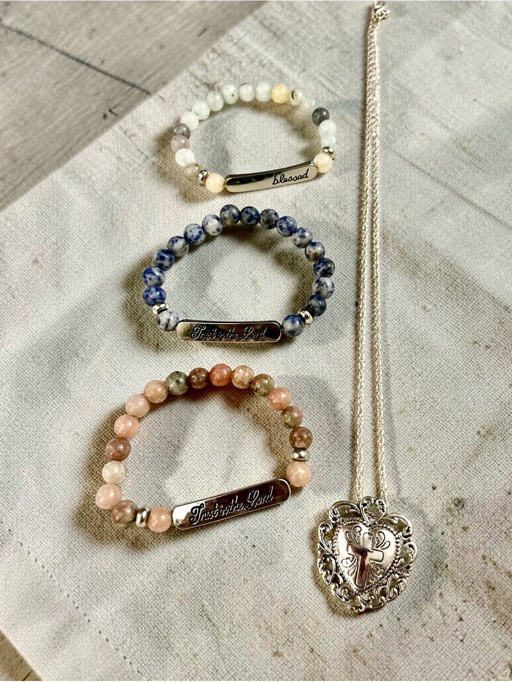 Inspirational Multicolor Beaded Bracelet and Necklace Set with Engraved Bars